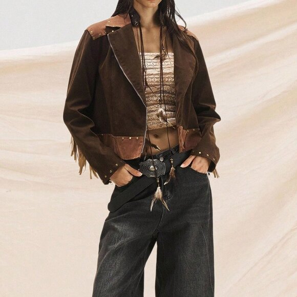 Multicolor Boho Women's Suede Fringe Jacket with Nomadic Rivets Tassel - Picture 1 of 8
